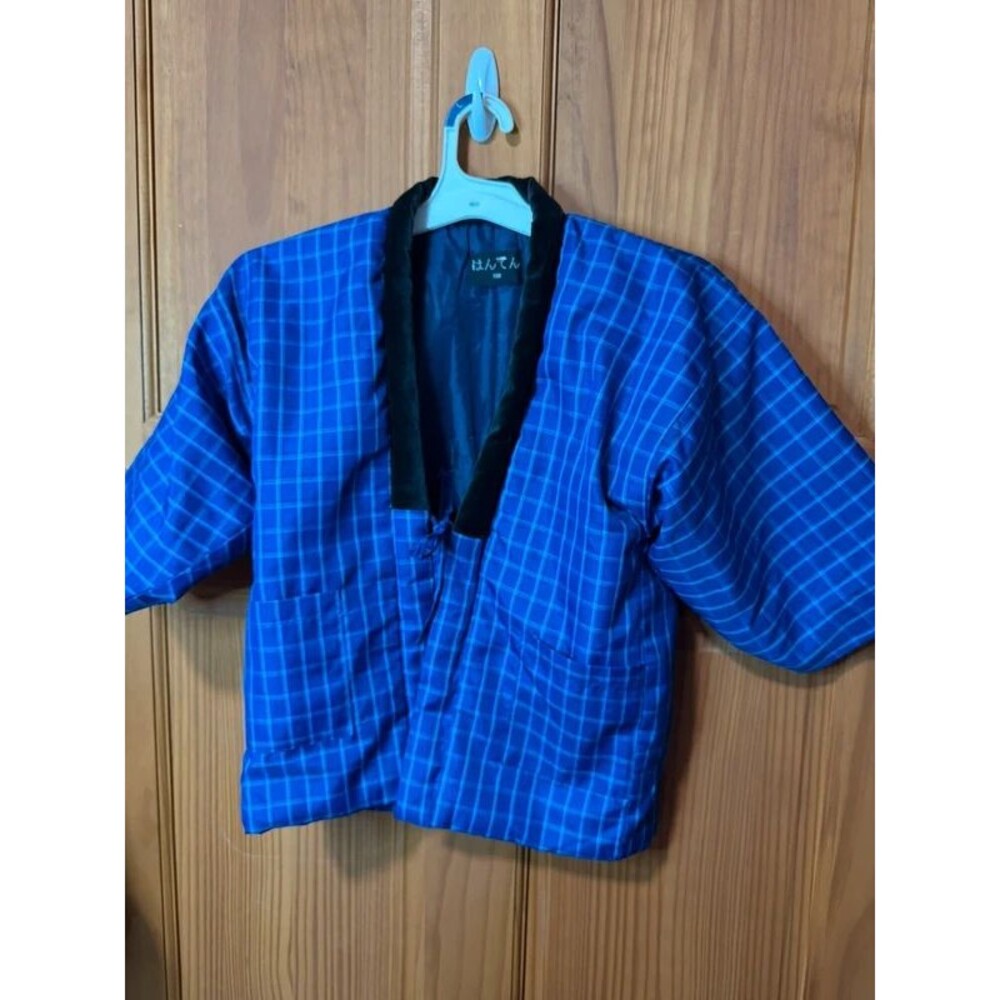 Vintage Girls Made in Japan Hanten Jacket Blue Check Drawstring Kimono Robe